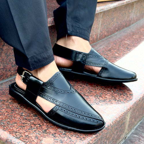 Handmade Black Leather Peshawari Sandal: Men's Leather Chappal