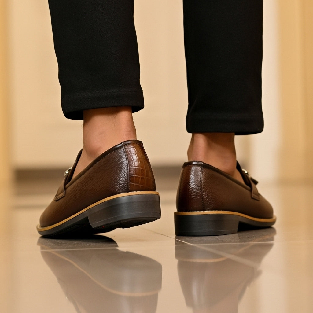 Handmade Stitched Alligator Textured Dark Brown Premium Leather Loafers: Slip-On Dress Shoes